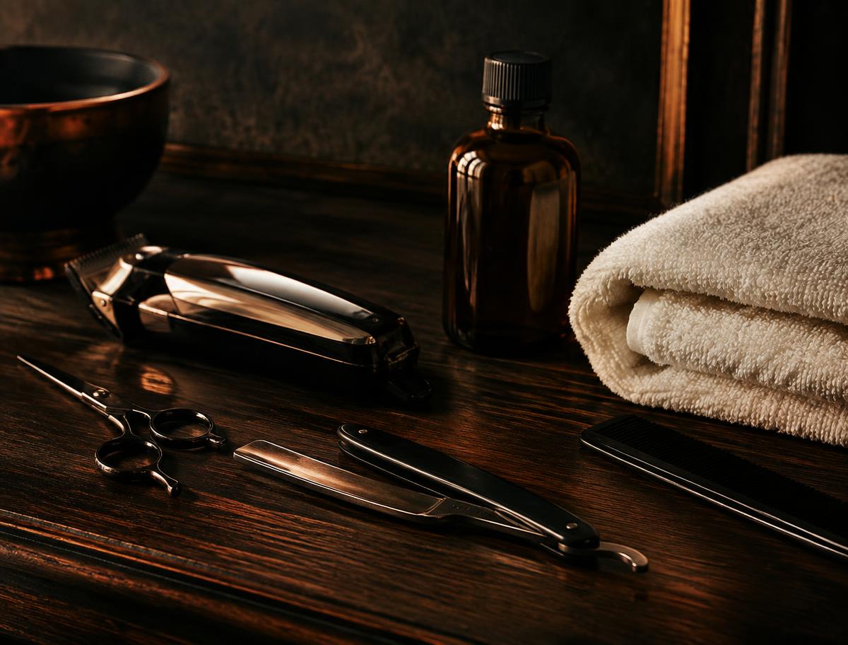 Barber tools arranged on a timber counter