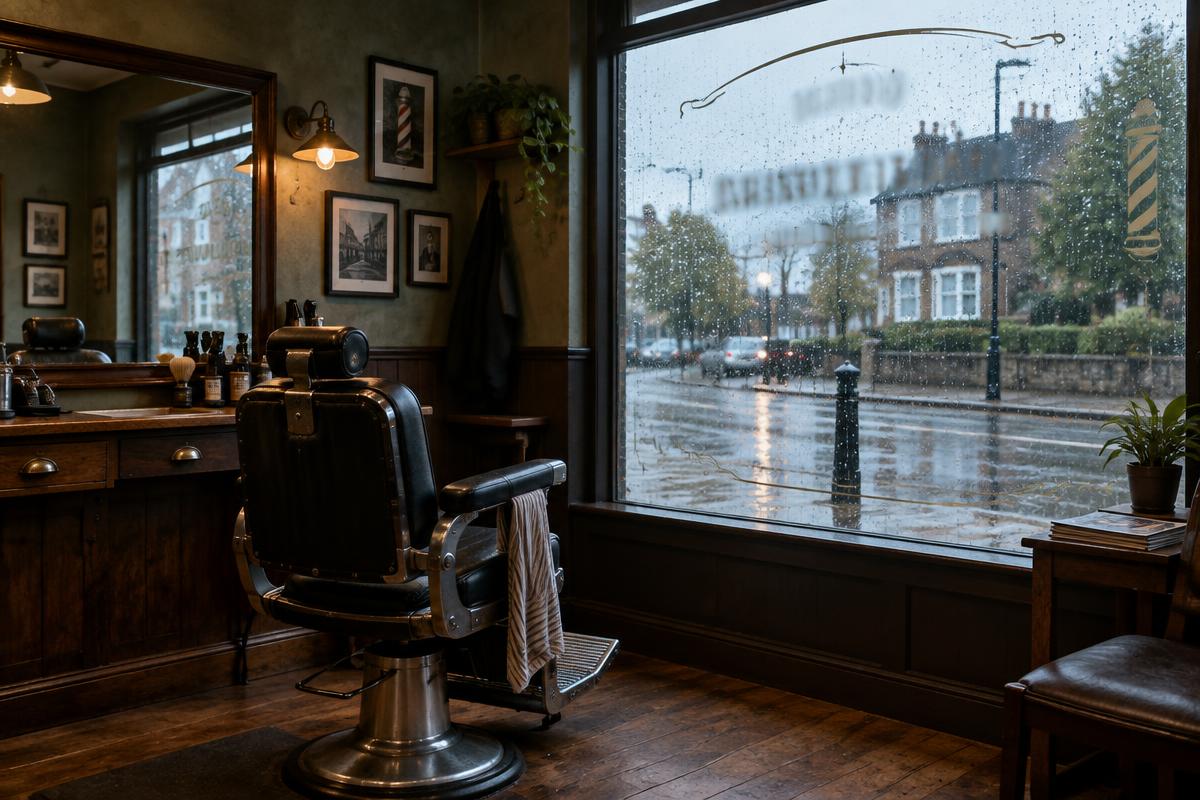 Barber chair beside a rain-speckled shop window